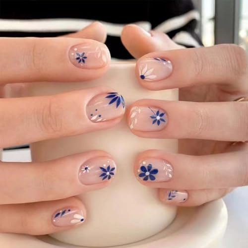 GlamRays 24 Stück Quadratische Aufkleber Nägel Kurze Falsche Nägel Nude Falsche Nägel mit Blumen Design Süss Kleben Nägel Vollständige Abdeckung