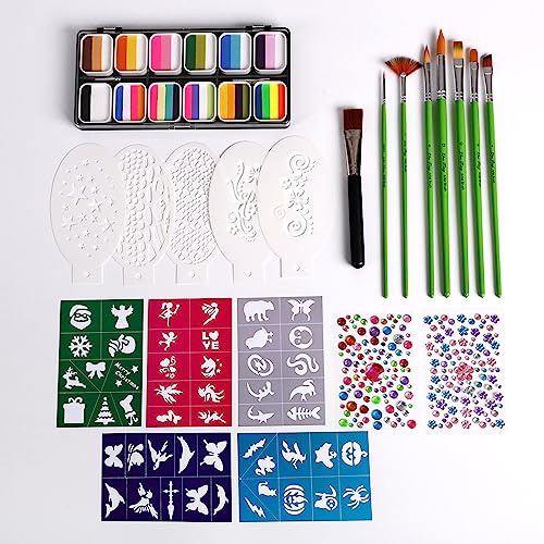 Kit de peinture pour le visage sans aquarelle avec 12 gâteaux fendus, 8 pinceaux, 10 pochoirs, 2 autocollants – Palette de maquillage pour le corps activée par l'eau