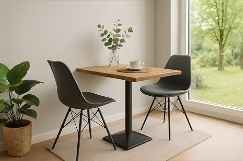 SAM Essgruppe INES | 80 x 60 cm | Bistrotisch aus Mangoholz massiv + Natur | echte Baumkante | Säulenfuß Schwarz | 2X Schalenstühle Lerche mit Sitzkissen | Farbe: Schwarz | Bistro-Set