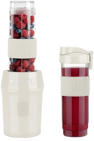 SWEISS Mini-Mixer, Tragbarer Smoothie-Mixer MOOV8, 2 Trinkflaschen à 570 ml mit Reiseverschluss, 4 Edelstahlklingen, 300 W, Spülmaschinengeeignet, Beige