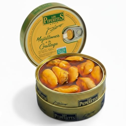 LOS PEPERETES Mejillones en Salsa Gallega 120 g | Lata Marisco Gallego Gourmet | Elaboración Artesanal | Conserva Premium con Pimentón y Especias Naturales | Sabor Tradicional de Galicia