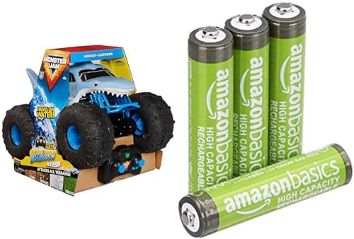 Monster Jam Megalodón RC, 1:15, Anfibio, 4+ años, & Pilas AAA Recargables Amazon Basics 4 unid, 850mAh