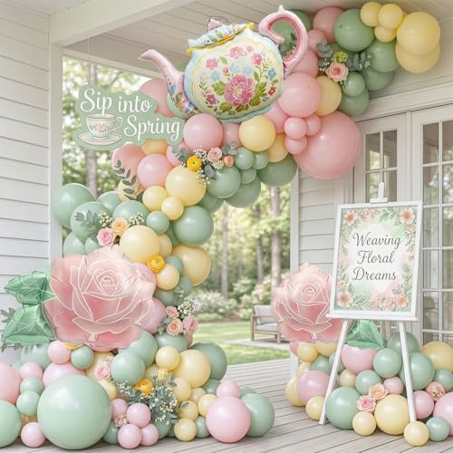 Spirng Balloon Garland Arch Kit Pastel pink green yellow balloons With Teapot flowers balloons for Happy Easter Alice in Wonderland Spring outdoor Tea Party 1st Birthday Baby in Bloom decorations