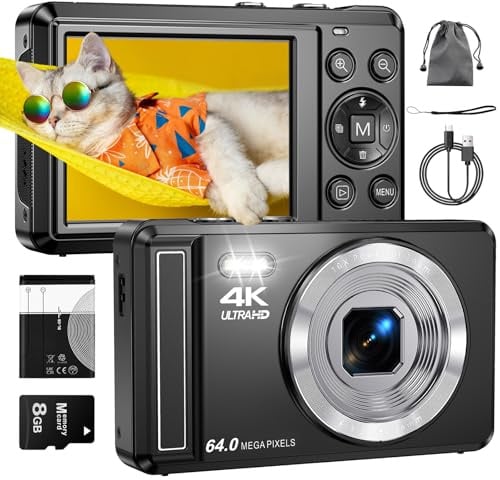 ZMOQNG Digital Camera 4K 64MP Autofocus with Micro SD Card, 2.8 Screen Compact Vlogging Camera with 1200 mAh Battery, for Teens Students Beginners