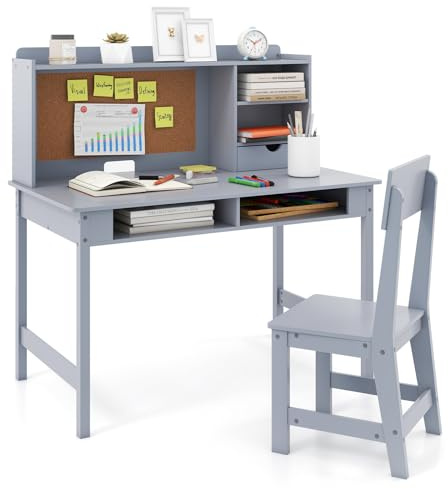 COSTWAY Schreibtisch Kinder mit Pinnwand, Kinderschreibtisch Set aus Holz, Jugenschreibtisch mit Stuhl, Aufsatz, Schublade & Regalen, Schülerschreibtisch Kinderzimmer für Kinder ab 3 Jahren (Grau)