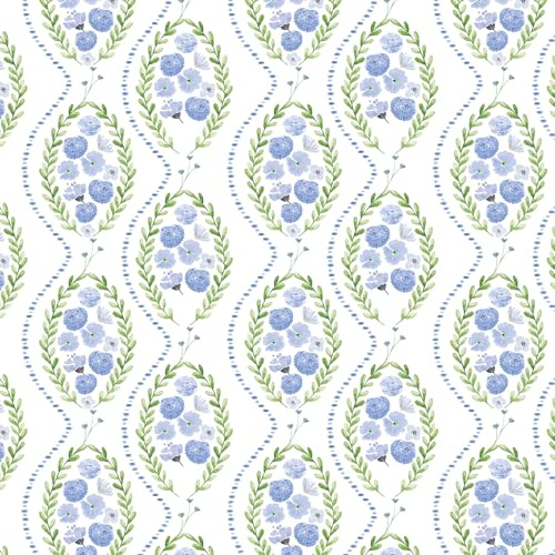 Fiula Blue Watercolour Floral Peel and Stick Wallpaper 44cm x 300cm, Botanical Wreath Self Adhesive Sticky Back Plastic, Waterproof Removable Wallpaper for Bedroom, Living Room & Furniture