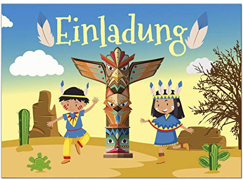 8 Einladungskarten Kindergeburtstag mit Umschlägen, Indianer Party, Karte Geburtstag Einladung zum Ausfüllen