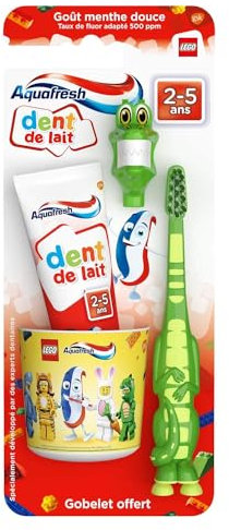 AQUAFRESH - Kit Dents de Lait - Enfants 3-5 Ans - Brosse à Dents Souple Avec Capuchon Amusant + Dentifrice Enfant Goût Menthe Douce + Gobelet Offert - Modèle Aléatoire