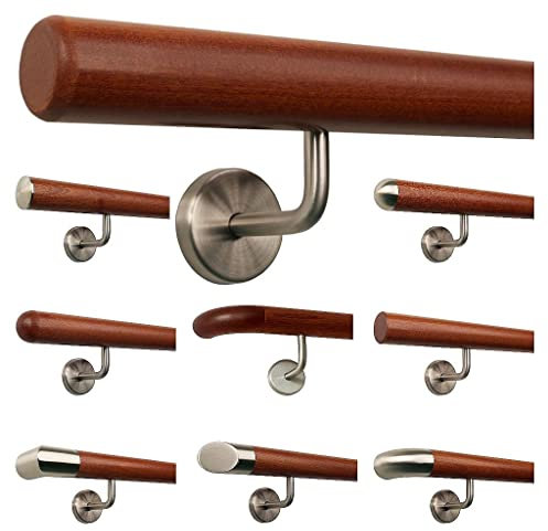 TIBU Mogano Corrimano in legno di corrimano per scale manico in acciaio inox, lunghezza 30-500 cm da un unico pezzo, lunghezza 140 cm con 3 supporti - estremità raggio fresato