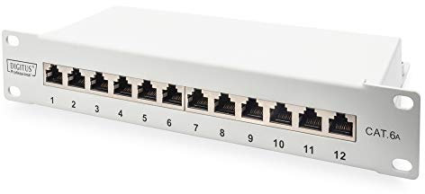 DIGITUS Panneau de brassage Cat. 6a – 12 ports – prises RJ45 – montage en rack 10 pouces 1U – panneau de distribution LSA – blindé – gris