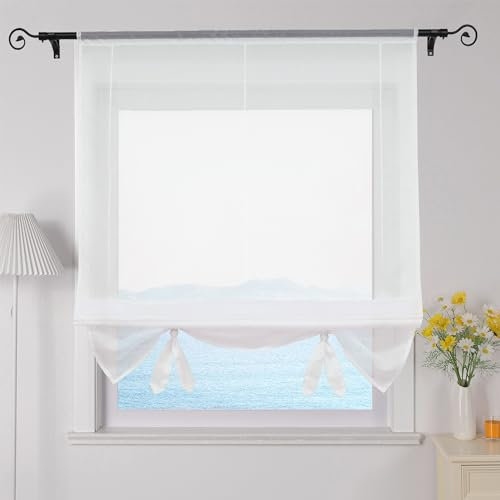 ESLIR Raffrollo Wohnzimmer Raffgardine Tunnelzug Gardinen Küche Transparent Bändchenrollo Vorhänge Modern Voile Weiß BxH 140x155cm 1 Stück