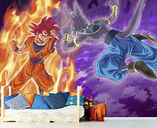 Wandtapete aus Vinyl und Tapete Dragon Ball Super Goku vs Beerus Offizielles Produkt | verschiedene Größen | Fototapete für Wände | Originalprodukt | Heimdekoration | DBS 350x250cm