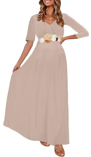 KIM S Robe Maxi de maternité froncée avec Ceinture à Fleurs, col en V, Robe de fête prénatale, Tailles S à 3XL, Taille L