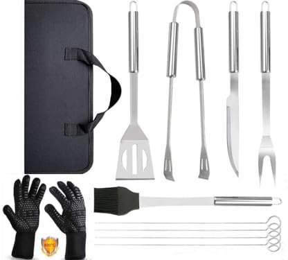 Barbacoa Profesional 9 Piezas Acero Inoxidable 18/10+Guantes Antiheat 1472°F-Kit Utensilios Parrilla con Bolsa Oxford, Incluye Cuchillo y Pinchos-Ideal Horno,Camping,Chimenea(Regalo Hombre/Día Padre)