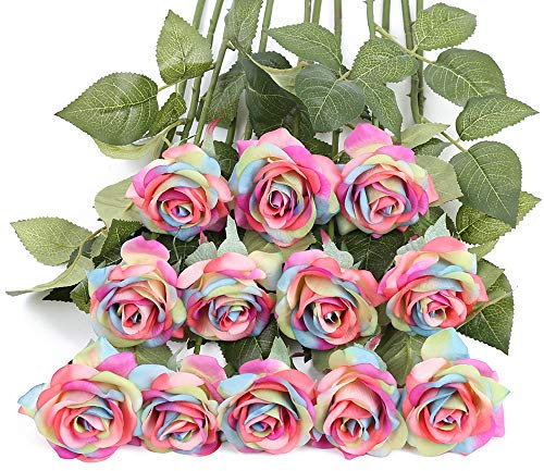 IPOPU Künstliche Rosen, fühlen Sich echt an, Regenbogen-Blumen, künstliche Blumen für Blumenarrangements, Seidenblumen mit einzelnem Stiel, Zuhause, Hochzeit, Party, Garten, Brautschmuck (Regenbogen)