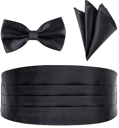 Mebamce Men's Satin Cummerbund Pretied Bow Tie Breast Pocket Handkerchief Set for Special Occassions