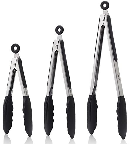 iNeibo Kitchen Tongs Set of 3,7”,9” and 12” Premium Stainless Steel Cooking Tongs, Non Stick and Heat Resistant, Silicone Tongs for Cooking, Serving, Barbecue, Buffet, Salad, Ice, Oven