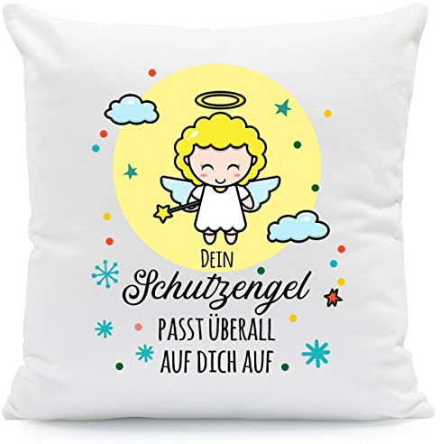 GRAVURZEILE Kissen mit Spruch - Dein Schutzengel passt überall auf Dich auf - Geschenk für Freund Freundin Partner zum Geburtstag Weihnachten Valentinstag - Für Sie & Ihn - Farbe: mit Füllung