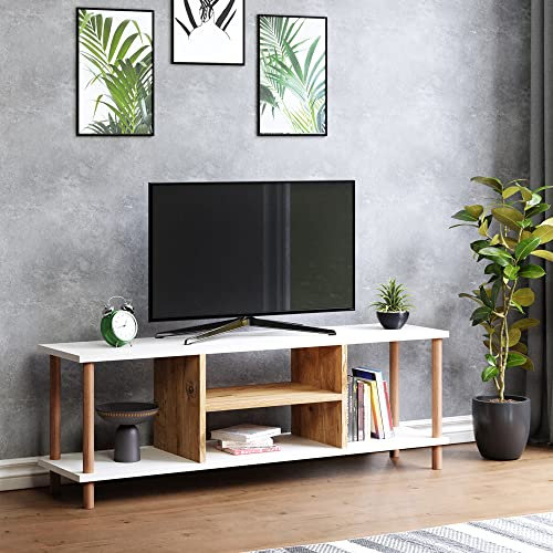 [en.casa] TV Schrank Ærøskøbing mit 2 Ablagefächern TV Bank 43 x 120 x 29 cm Fernsehtisch mit 2 Staufächern Lowboard TV Möbel Fernsehschrank Weiß/Holzoptik