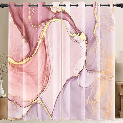 MIRRORANG Rosa Marmor Blackout Vorhänge, Gold Tinte drucken Muster Öse Blackout Raum Verdunkelung Fenster Gardinen, Thermisch isolierte Zimmer Vorhänge für Wohnzimmer, 2 Panels Set (46x90inch)