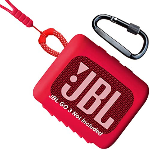 Woollo Étui de protection portable en silicone compatible avec JBL GO 3 - Avec cordon en silicone et mousqueton - Rouge