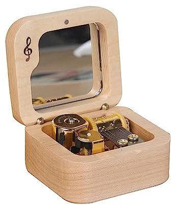 QNINE Spieluhr Schmuckkästchen mit Spiegel aus Quader Ahornholz Spieldose Musikbox mit Menuett G-Dur Holzspielzeug Geschenk für Geburtstag Valentinstag Weihnachten