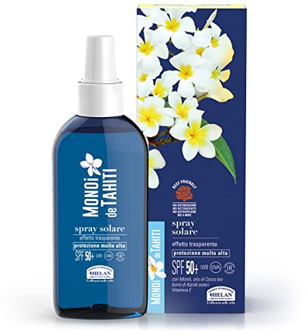 Helan, Monoï de Tahiti - Sonnenspray 50+ transparenter Körper, Sunscreen mit Kokosöl, reiner Sheabutter und Vitamin E, Sonnenschutz 50+ LSF, sehr hoch, nicht fettend und fleckenfrei, 150 ml
