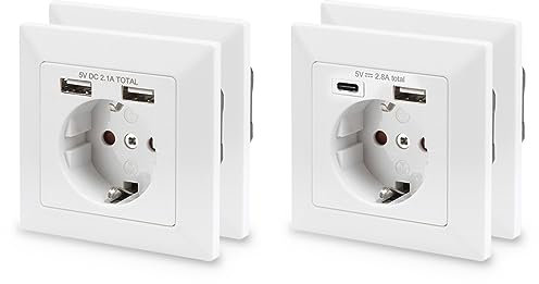 DIGITUS Set: Unterputz-Steckdose Mit USB Ladegerät - 2x Version-1 (Doppelt A) - 2x Version-2 (A + C) - Einbautiefe 32 mm - Bedingt Designfähig - Reinweiß RAL 9003