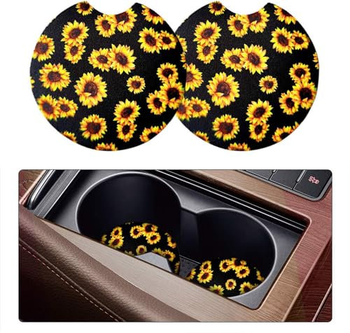 2 Pack Car Coasters, 2.75inch Cute Car Cup Holder Coasters, Neoprene Cup Pad Mat for Women (Sunflower)