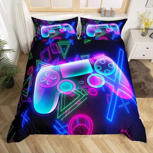 GIENDI Bettwäsche 200x200cm, Gamepad Bettbezüge Set Bunte Neon-Spielsymbole 3Teilig mit Reißverschluss und 2 Kissenbezüge 80x80cm,Microfaser Kinderbettwäsche ÖKO-TEX Zertifiziert für Allergiker