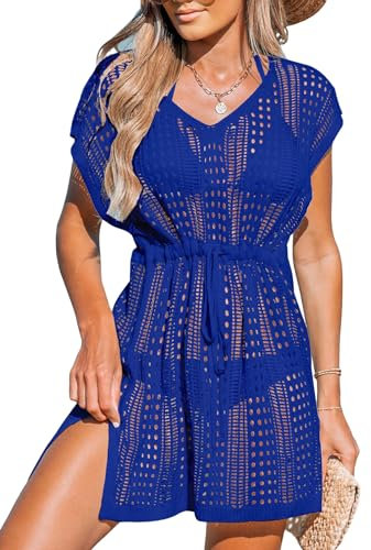 CUPSHE Women's Crochet Swim Cover Up Mini Dress Swimwear Knit Short Sleeve Beach Pullover Cover ups Royal Blue M