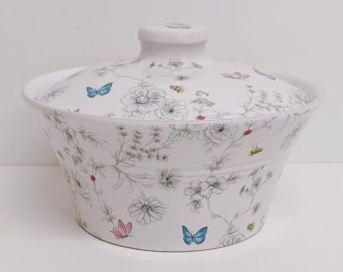 Secret Garden Casserole Dish with Lid 1 litre 35 oz Ceramic Flowers Butterflies Bees Oven to Table Bakeware Hand Decorated in UK