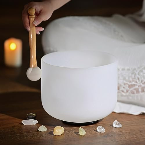 EFARMA Bol Chantant tibétain, Bol Bouddhiste, Bol Chantant en Cristal givré Blanc de 15CM for la méditation sonore, Le Yoga avec maillet