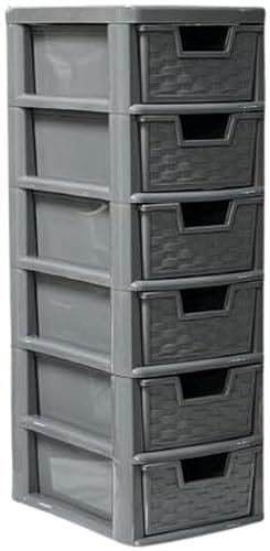 Khanary Plastic Storage Drawer Unit | 6 Tier Small Mini | Tower Home Kitchen School Stationery Office Bedroom Bath Desktop Tabletop Organizer | 26D x 19W x 60H cm| Rattan Grey