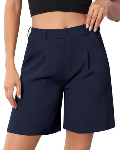 HMIYA Damen Shorts Sommer Bermuda Kurze Hose Leichte High Waist Lässig Shorts mit Taschen,Navy,L
