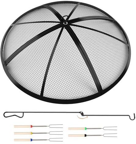 Baitedelai Feuerstelle Funkenschutz, Outdoor, 91,4 cm, rund, Feuerstelle mit faltbarem Haken und Marshmallow-Sticks, robuste Stahlgitter-Feuerstelle Abdeckung für Hinterhof, Strand, Wohnmobil, Camping