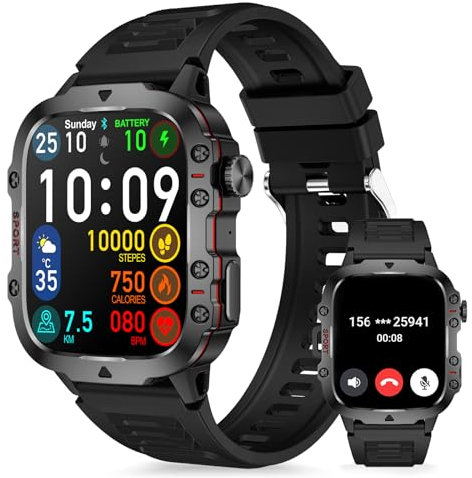 Aoekne Smartwatch Uomo Chiamate,1.96 Orologio Fitness Tracker con Cardiofrequenzimetro SpO2 Monitoraggio del Sonno 100+ modalità Sport Smart Watch Militari Compatibile Android iOS (Nero)
