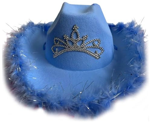 BABYVIVA Cowboyhut, gerollte Krempe, Cowboyhüte mit Strass-Krone für Abschlussbälle, Bankette, Party, Plüsch-Cowboyhüte für Erwachsene, hellblau, L (58-60cm)