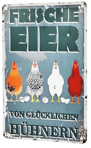 Hühnerstall Draußen Blechschild, Frische Eier Glückliche Hühner Metallschild, Retro Bauernhaus-Dekoration für Landhaus, Land, Outdoor, Hühnerei, Verkauf, Markt, Bauernhof, Wanddekoration (30 x 20 cm)