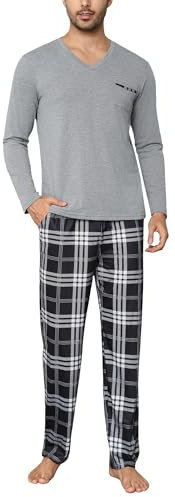 Bresdk Schlafanzug Herren Lang Baumwolle Hausanzug V Ausschnitt Langarm Pyjama Nachtwäsche Winter Karierte Pyjamahose, Grau, L