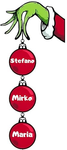 Fuori Porta Natalizio Grinch con 3 Palline Personalizzabili – Decorazione in Legno Fatta a Mano, Unica e Personalizzata per la Famiglia, Pronta per Essere Appesa