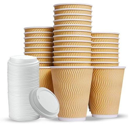 Disposable Coffee Cup with Lids 16oz 30pcs Triple Wall Kraft Ripple paper cups for hot drinks Durable Insulated Coffee Cups Disposable for Hot Drinks, Tea, Cappuccino, Takeaway disposables paper cup