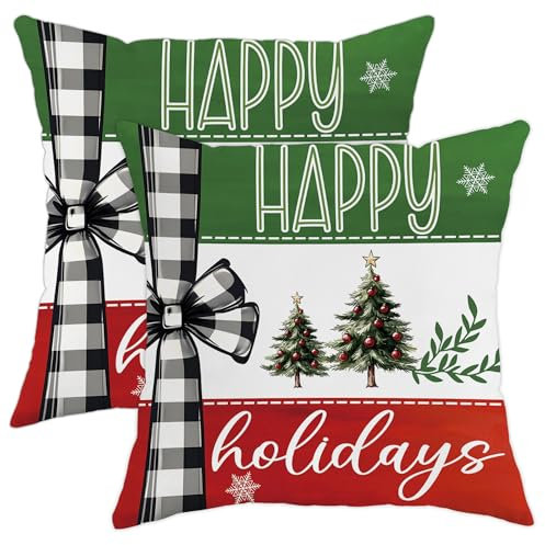 Happy Holidays - Federa per cuscino decorativa, motivo alberi di Natale verdi e rossi, decorazione natalizia per casa, divano, soggiorno, 50 x 50 cm