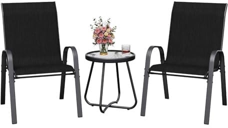 Amopatio 3 TLG. Balkonmöbel Set, Bistroset Kleiner mit Bistrotisch & 2 stapelbare Gartenstühle aus Textilene und Metallgestell, Gartenmöbel Wetterfest für Balkon, Garten, Schwarz
