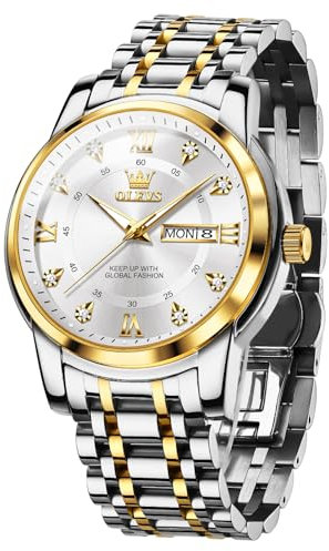 OLEVS Herren Armbanduhr Klassisches Weiß Groß Wählscheibe Diamanten Herren Uhr Luxus Gold Silber Edelstahl Band Analoger Quarz Herrenuhren Lässig Wasserdicht Leuchtend Datumsanzeige Herrenuhr