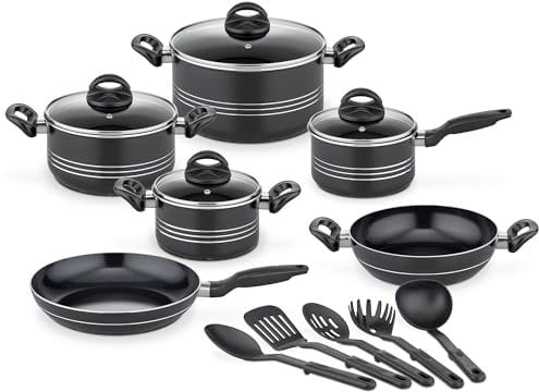 GSW Kochtopf Set Milano Nero, 15-teilig, Hochwertiges Topfset für Induktion, Ceran & Gas, Antihaftbeschichtung, Kochtöpfe mit Glasdeckel & Küchenhelfer, Töpfe & Pfannen