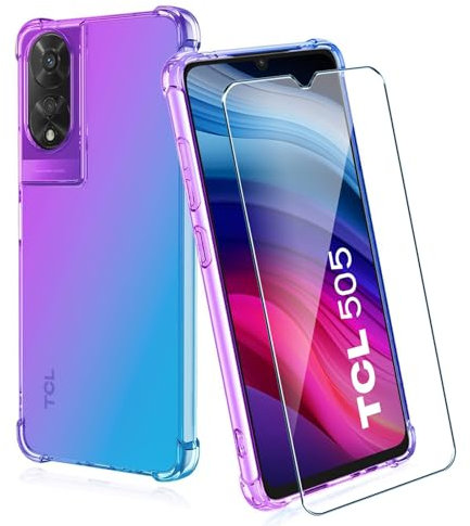 Xiangyun Gradient Case for TCL 505 (6.75) with 1 Tempered Glass Screen Protector, Soft Slim Crystal Clear Case TPU Bumper Back Cover Gradient Colour Phone Case - Blue Purple