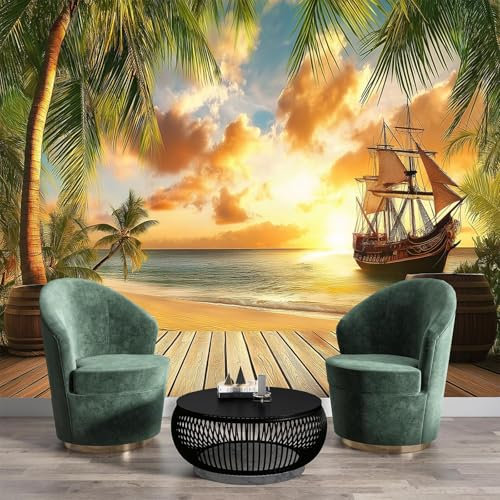 JSCWDET Papier Peint Panoramique 3D Soie Plage Coucher De Soleil,Bateau Pirate Palmiers Murales Panoramique Pour Salon, Adulte Chambre D'Enfants, Restaurant Décoration Murale 400×280 Cm (W×H)