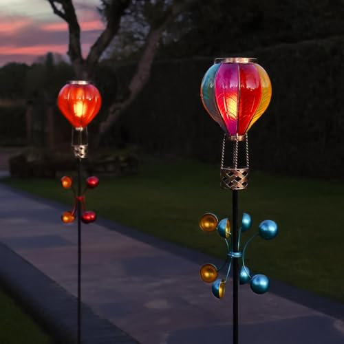 Festive Lights - 1.15m Red & Rainbow Solar Hot Air Balloon Wind Spinner Stake Light Set - 40 Amber LED, Flickering Flame Effect, Weather-Resistant - IP44 Outdoor Garden Décor with Sturdy Ground Stakes