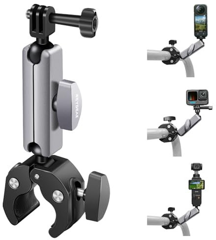 REYGEAK Kamerahalterung mit 360°-Dual-Kugelkopf mit 1/4-Zoll-Schrauben, Fahrradlenkerhalterung mit Doppelklaue für GoPro Max Hero 13/12/11/10/9